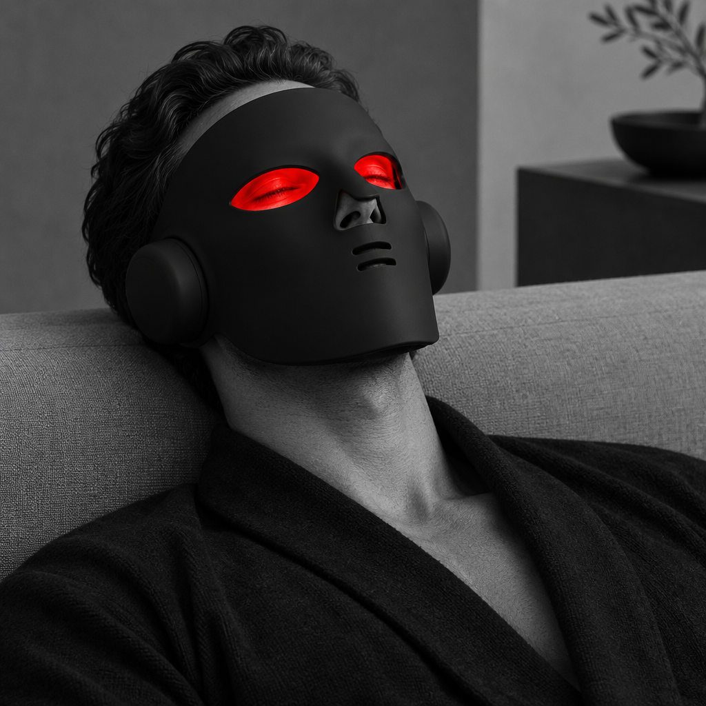 Man vilar i soffan med Photon Neck-masken på, rött ljus lyser genom ögonöppningarna.
