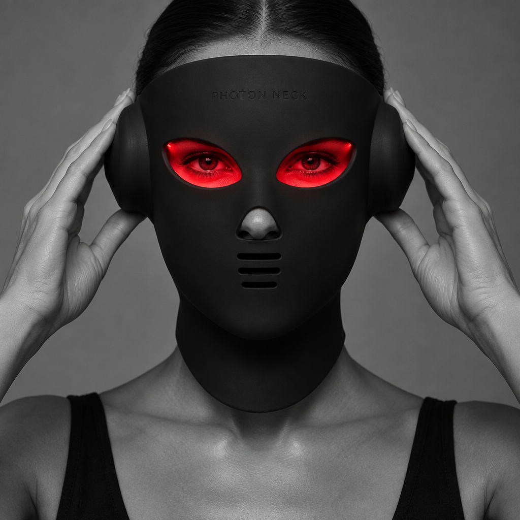 Kvinna sätter på sig Photon Neck-masken, PHOTON NECK ingraverat på pannan.