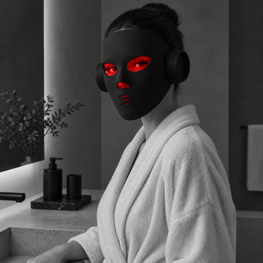 Kvinna i badrock använder Photon Neck-masken framför badrumsspegeln.