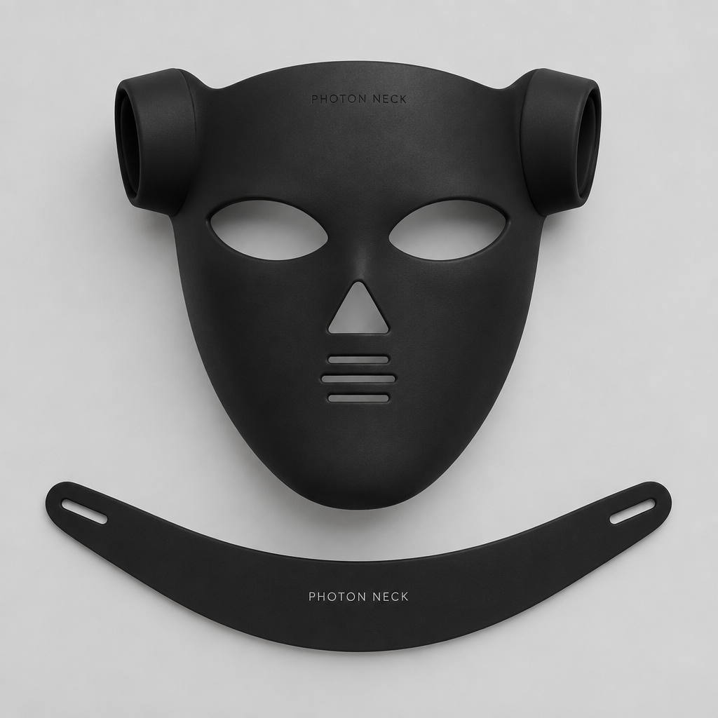 Photon Neck-masken och nackbandet i studio, ingraverad logotyp synlig på pannan.